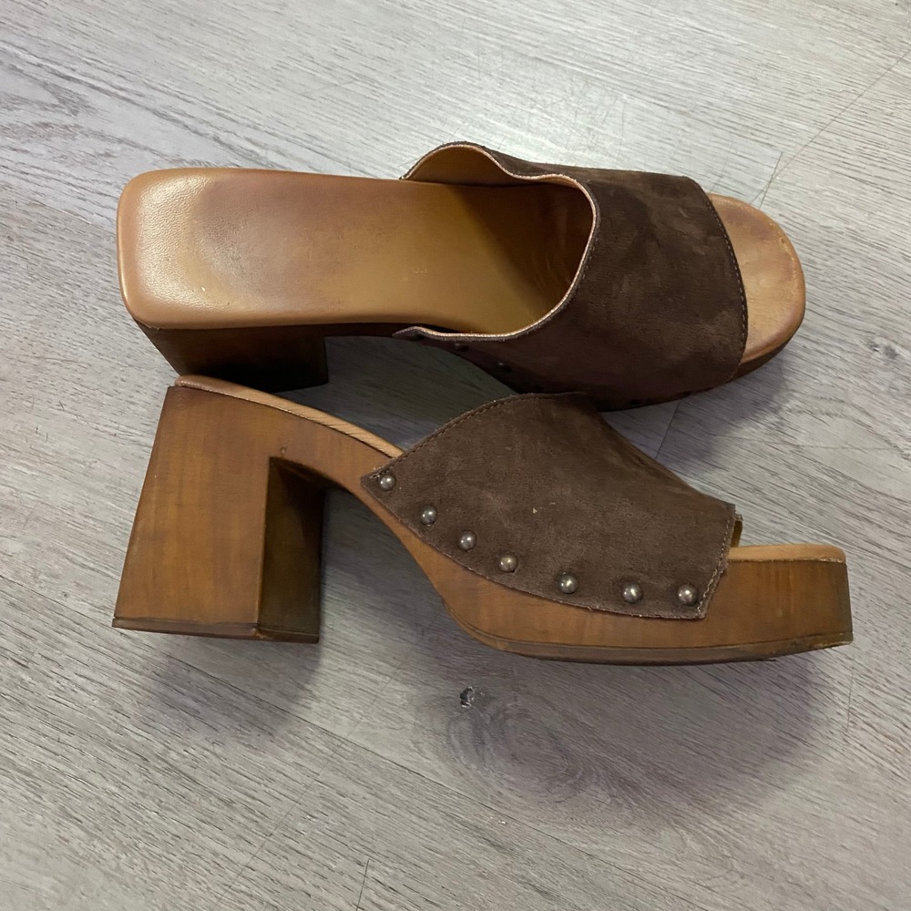 Platform Clog Sandals Women 8 Brown Suede Studded Wooden Block Heel